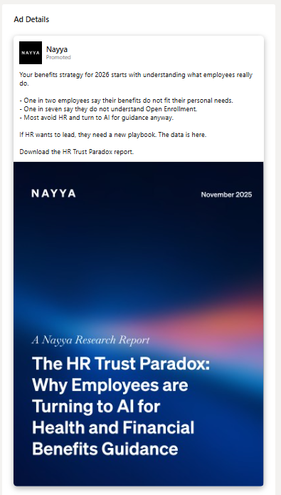 Nayya LinkedIn document ad promoting a benefits research report