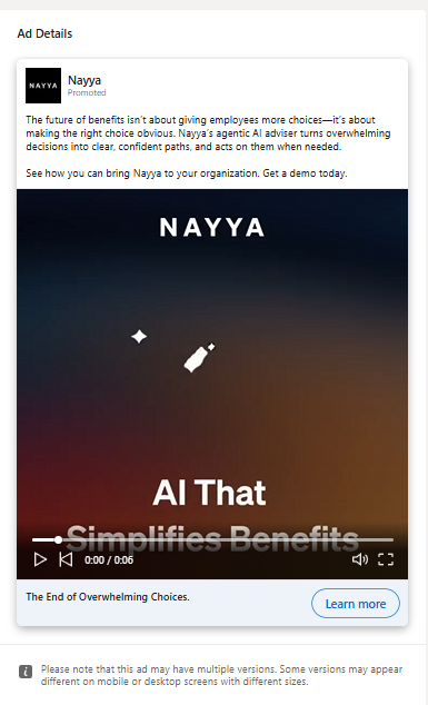 Nayya LinkedIn video ad about AI that simplifies employee benefits